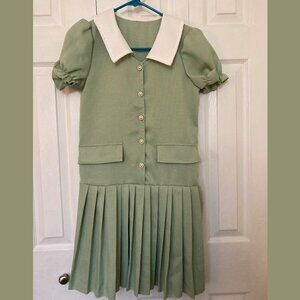 Girls Drop Waist Pleated Dress with Fancy Buttons